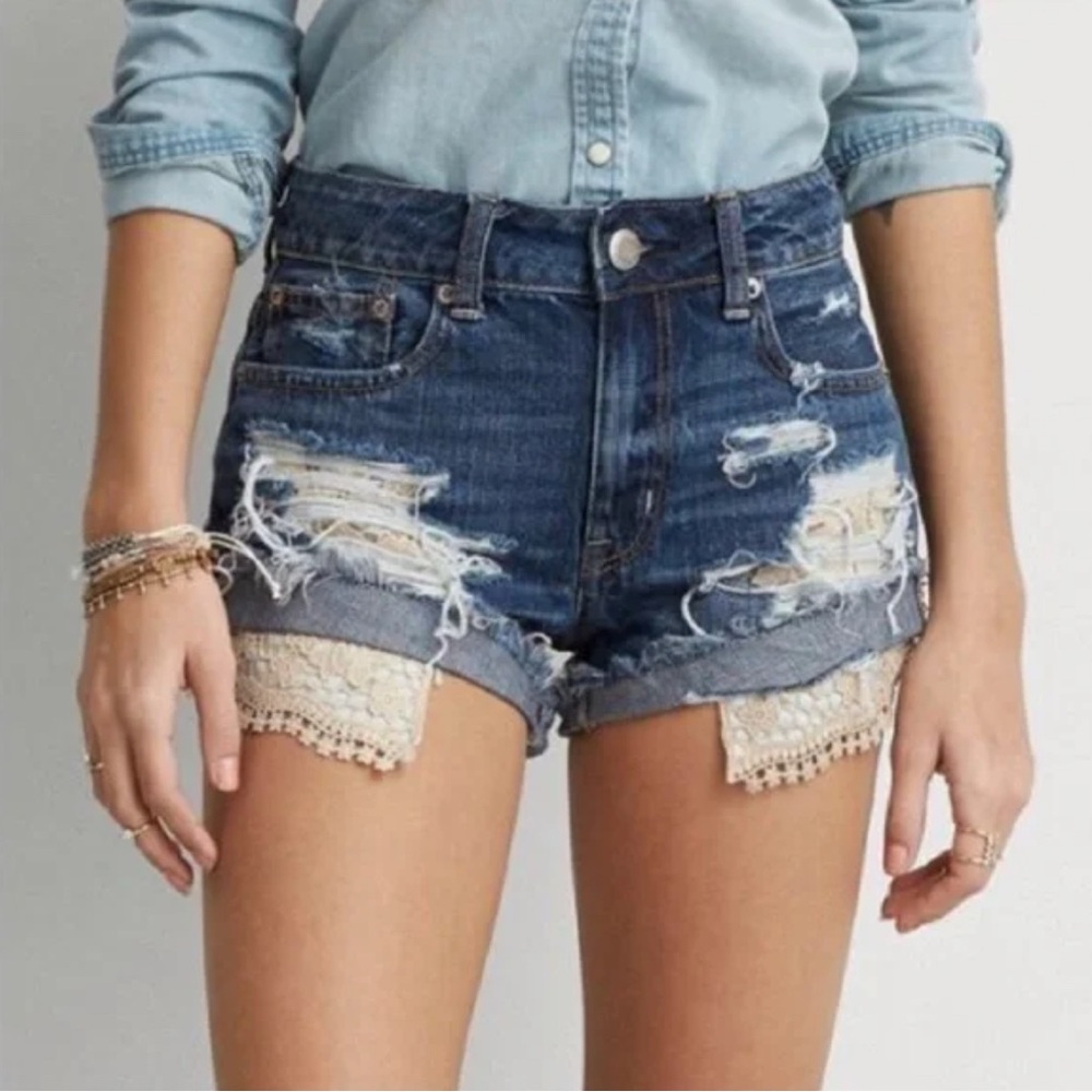 American Eagle Distressed Denim Shorts with Lace Trim